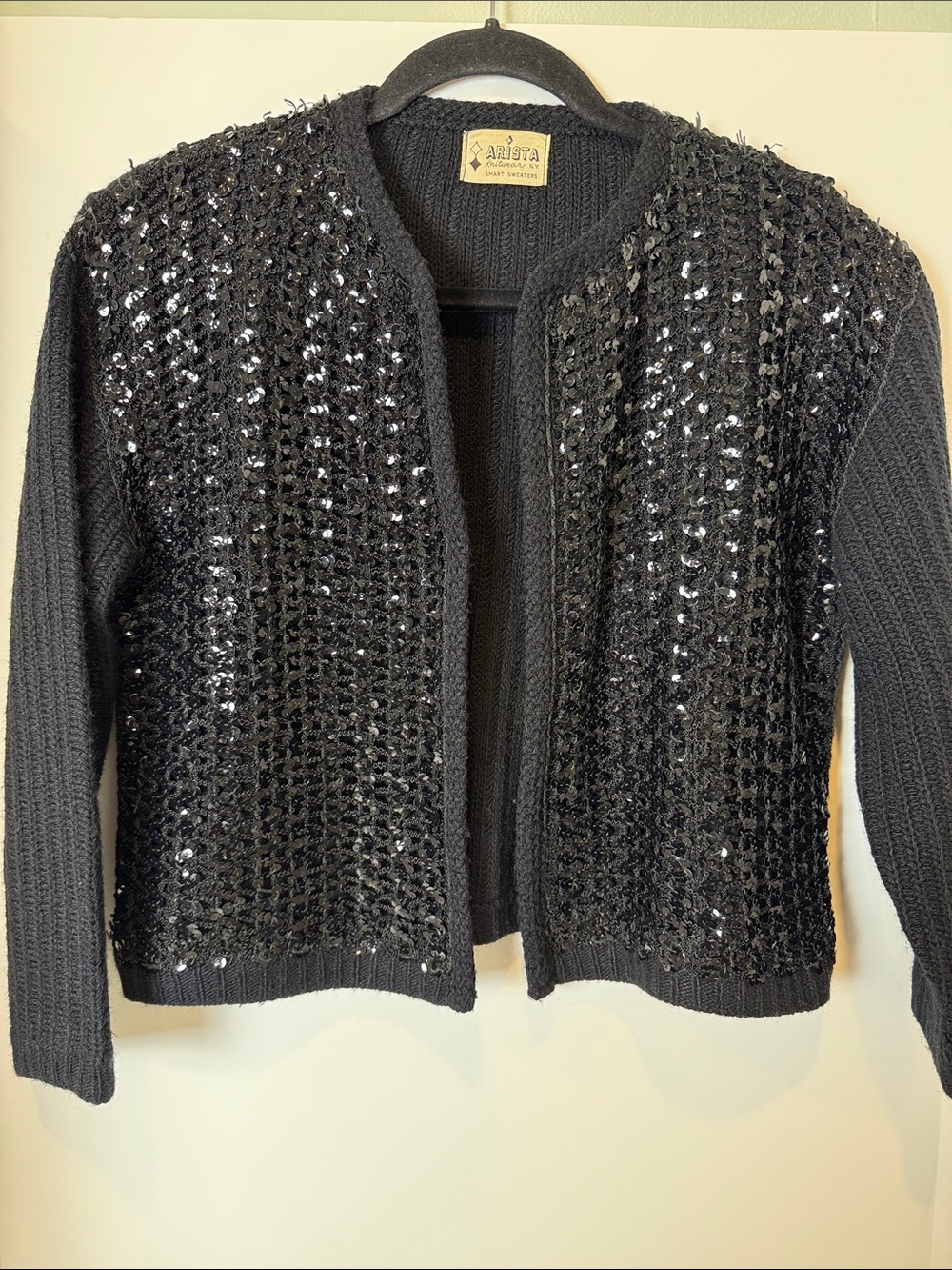 🕰️ Vintage 60s 70s Arista Knitwear Black Full Sequin Embellished Cardigan
